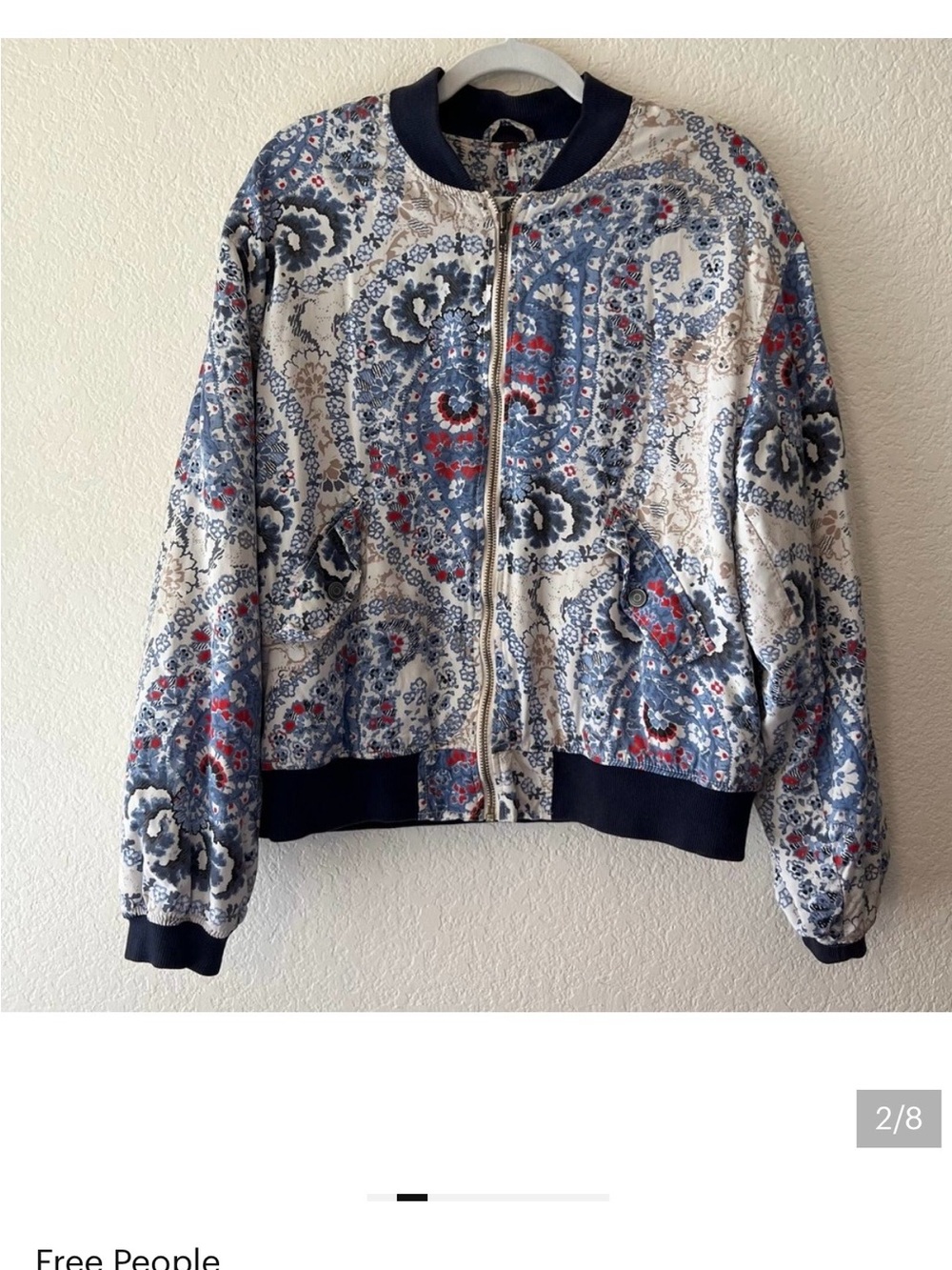 Free People Blue Paisley Bomber Jacket with Navy Trim - Picture 2 of 7